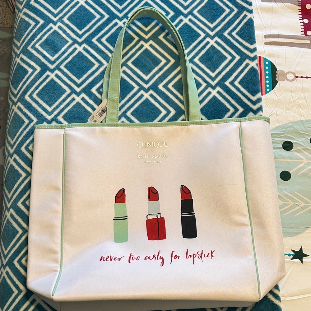 kate spade White Tote with Mint Trim and Red Lipstick Graphic